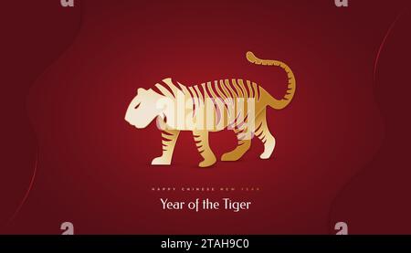 Nouvel an Chinois 2022 année du Tigre. Bannière du nouvel an chinois avec illustration de tigre d'or isolé sur fond rouge. 2022 signe du zodiaque chinois Illustration de Vecteur