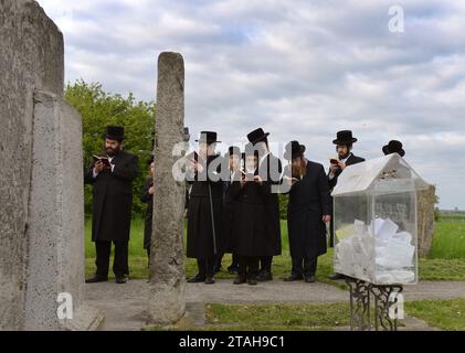 Belz, Ukraine - 11 mai 2015 : des Juifs ultra-orthodoxes priaient sur les tombes de Tazdikim dans la ville de Belz, région de Lviv. Banque D'Images