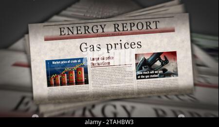 Prix du gaz le marché de l'énergie et le carburant affaires nouvelles vintage et impression de journaux. Concept abstrait rétro titres illustration 3D. Banque D'Images