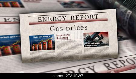 Prix du gaz le marché de l'énergie et le carburant affaires nouvelles vintage et impression de journaux. Concept abstrait rétro titres illustration 3D. Banque D'Images