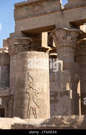 Anciens hiéroglyphes trouvés dans le temple de Kom Ombo, Assouan Banque D'Images