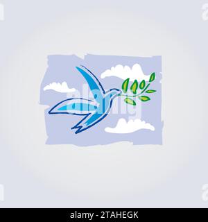 Bird Dove Peace Icon logo Design - nature, ciel de nuage et signe de paix, couleurs bleu et blanc Illustration de Vecteur