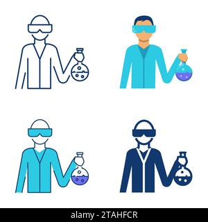 Icône de scientifique ou d'assistant de laboratoire définie dans le style plat et linéaire. Chimiste dans des lunettes de sécurité avec flacon de laboratoire à la main. Illustration vectorielle Illustration de Vecteur