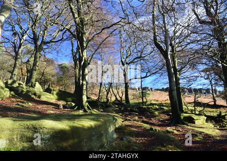 Soleil et ciel bleu sur Stanage Edge dans le Derbyshire Peak District Banque D'Images