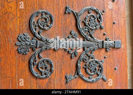 prise un fer forgé et finition ciselée sur une vieille porte / charnière finement ciselée en fer forgé sur une porte ancienne Banque D'Images