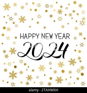 Carte de vœux de bonne année. Numéros écrits à la main 2024. Motif Gold Holidays avec flocons de neige et points. Affiche typographique. Templa vectorielle facile à éditer Illustration de Vecteur