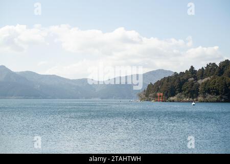 Porte torii pour le sanctuaire Hakone sur la rive du lac Ashinoko, Hakone, Japon. Banque D'Images