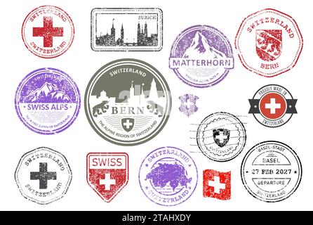 Suisse Shabby ensemble de timbres en caoutchouc, villes suisses et Alpes badges, étiquettes et symboles, emblèmes et drapeaux, vecteur Illustration de Vecteur