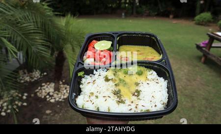 Kadhi Chawal, plat traditionnel et populaire indien, dans un paquet de nourriture. Nourriture commandée Kadhi pakoda, riz vapeur avec salade Banque D'Images