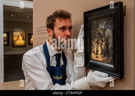 Londres, Royaume-Uni. 1 décembre 2023. Rembrandt Harmensz. Van Rijn, l'adoration des Rois, estimation 10 000 000 - 15 000 000 GBP - Un aperçu des ventes Old Masters chez Sotheby's London. Crédit : Guy Bell/Alamy Live News Banque D'Images