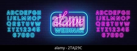 Enseigne au néon webinaire en direct sur fond de mur de brique. Illustration de Vecteur