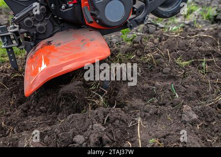 Cultivateur à moteur avec une roue avant relevée et un sillon inséré dans le sol pendant le labourage du champ avant de semer des semences et de planter des semences Banque D'Images