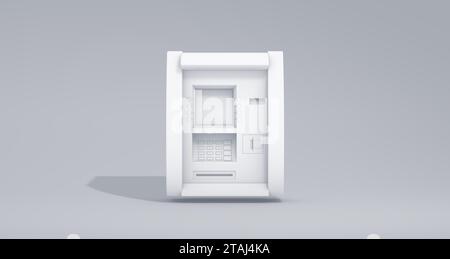 Machine ATM blanc sur un fond de Studio gris doux. Monochrome. Vue avant. Concept minimal. Rendu 3D. Banque D'Images