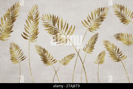 papier peint classique 3d. branches tropicales dorées feuilles d'arbres sur fond mural clair. art de décoration de chambre Banque D'Images
