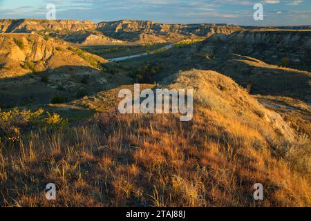 Prairie avec Little Missouri River, Theodore Roosevelt National Park-South Unit, Dakota du Nord Banque D'Images