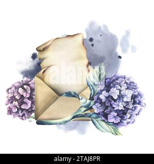 Fournitures d'écriture : papier papyrus dans une enveloppe artisanale avec des fleurs d'hortensia, des taches d'encre et des éclaboussures. Illustration à l'aquarelle dessinée à la main. Isolé Banque D'Images