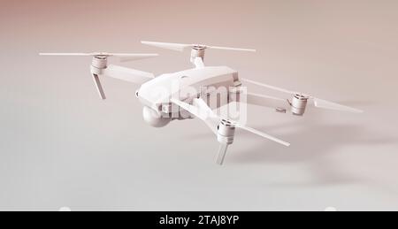 Air Drone Fly sur un fond de studio doux. Vue perspective. Concept minimal. Illustration de rendu 3D. Banque D'Images