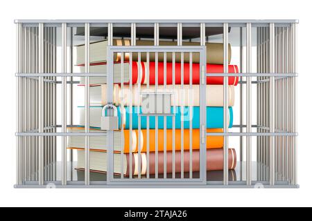 Livres à l'intérieur de la cage, cellule de prison. Rendu 3D isolé sur fond blanc Banque D'Images