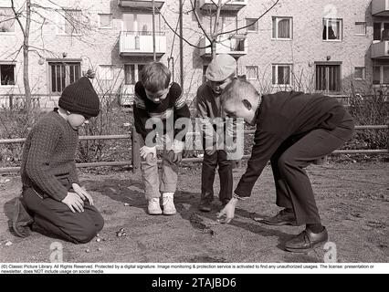 Dans les années 1960 Garçons en plein air jouant aux billes. Un jeu à l'ancienne où le but est de frapper la pyramide de billes avec un seul marbre. Si vous frappez, vous avez gagné les billes dans la pyramide, sinon le marbre a été perdu. Il y avait aussi des variantes du jeu. Suède printemps 1964. Roland Palm réf pärm 2. Banque D'Images