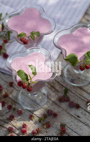 Himbeer-Softeis, EIS, Himbeereis, Soft-EIS, Sofeis, EIS selbermachen aus Naturjoghurt, Quark, Früchten, Wildfrüchten, banane, Vanillezucker. Schritt 4 Banque D'Images