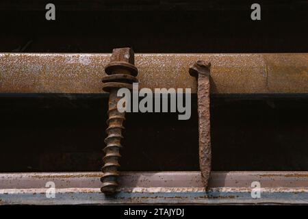Une très vieille pointe de chemin de fer rouillée et une pointe de vis rouillée reposent sur deux vieux rails rouillés, photo rapprochée Banque D'Images