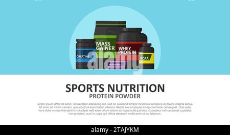 Bannière complète de nutrition sportive avec place pour le texte. Compléments nutritionnels de marque de produits de protéines de lactosérum. Concept de fitness et de mode de vie sain. Illustration de Vecteur