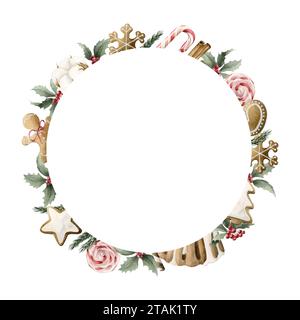 Couronne avec des éléments de vacances de Noël : biscuits de pain d'épice, gâteau avec glaçage, cannelle, anis, coton, houx, branches de pin, ruban rouge b Banque D'Images