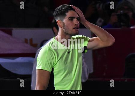 Mexico, Mexique. 29 novembre 2023. 29 novembre 2023, Mexico, Mexique : Carlos Alcaraz d'Espagne réagit lors du match unique masculin du Tennisfest GNP 2023 au Monumental Plaza de Toros México. Le 29 novembre 2023 à Mexico, Mexique. (Photo Carlos Tischler/Eyepix Group/Sipa USA) crédit : SIPA USA/Alamy Live News Banque D'Images