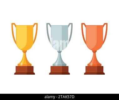 Coupes de vainqueur de trophée avec base en bois isolé sur fond blanc. Illustration vectorielle d'icône de tasses de prix d'or, d'argent et de bronze Illustration de Vecteur
