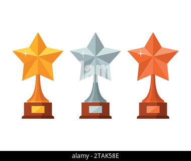 Étoiles gagnantes de trophée avec base en bois isolé sur fond blanc. Illustration vectorielle d'icône de prix d'or, d'argent et de bronze Illustration de Vecteur