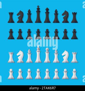 Ensemble de pièces d'échecs noir et blanc isolé sur fond bleu. Pièces d'échecs comprenant le roi, la reine, l'évêque, le chevalier, la tour et le pion dans le style plat. Illustration de Vecteur