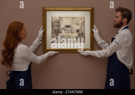 Londres, Angleterre, Royaume-Uni. 1 décembre 2023. Sotheby's London présente les Old Masters and 19th Century Paintings Evening Auction le 6 décembre 2023, présentant le Christ présenté au peuple : plaque oblongue de Rembrandt, estimé à Â 400 000 £ - Â 600 000 £. (Image de crédit : © Thomas Krych/ZUMA Press Wire) USAGE ÉDITORIAL SEULEMENT! Non destiné à UN USAGE commercial ! Crédit : ZUMA Press, Inc./Alamy Live News Banque D'Images