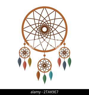 Dreamcatcher avec des plumes colorées isolé sur fond blanc. Attrape-rêve amérindien. Illustration vectorielle Illustration de Vecteur