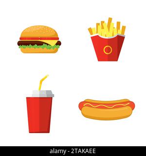 Déjeuner avec hamburger, hot-dog, frites et soda. Groupe de produits Fast Food. Illustration vectorielle Illustration de Vecteur