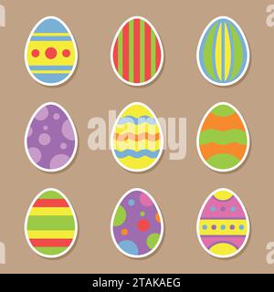 Icônes autocollants oeufs de Pâques dans un style plat. Illustration vectorielle pour la conception de vacances de Pâques. Illustration de Vecteur