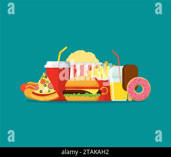 Vecteur de restauration rapide coloré isolé sur fond. Restauration rapide hamburger dîner et restaurant, savoureux set fast-food nombreux repas et restauration rapide malsaine Illustration de Vecteur