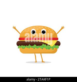 Drôle et mignon caractère Hamburger isolé sur fond blanc. Hamburger avec illustration vectorielle de visage humain souriant. Menu du restaurant enfants Illustration de Vecteur