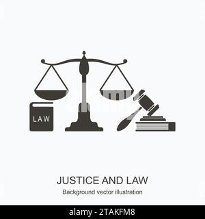 Icônes de droit et de justice. Échelles de justice, marteau et livres n plat style. Concept justice et icône de droit isolé sur fond gris. Illustration vectorielle Illustration de Vecteur