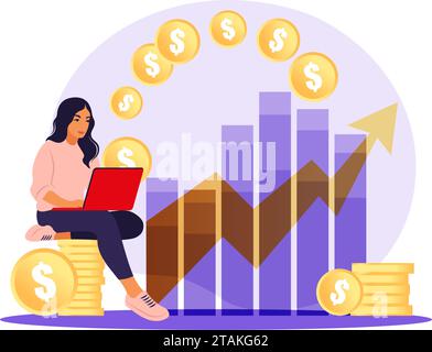 Investisseur femme avec PC portable surveillance croissance des dividendes. Trader investissant du capital, analysant des graphiques de bénéfices. Illustration vectorielle plate. Illustration de Vecteur