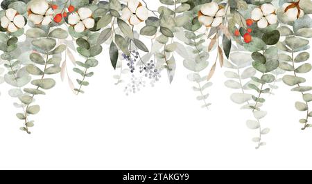 Bordure aquarelle avec des fleurs de coton, des branches d'eucalyptus et des baies sauvages Banque D'Images