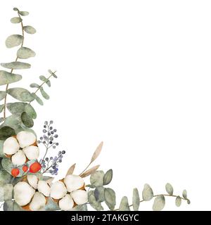 Bordure aquarelle avec des fleurs de coton, des branches d'eucalyptus et des baies sauvages Banque D'Images