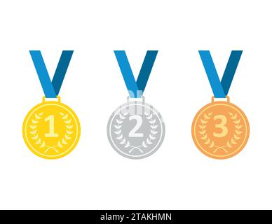 Ensemble de médaille d'or, médaille d'argent et médaille de bronze. Icônes de médailles dans le style plat. Médailles icônes isolé sur fond blanc. Médailles Vector illustration. Illustration de Vecteur