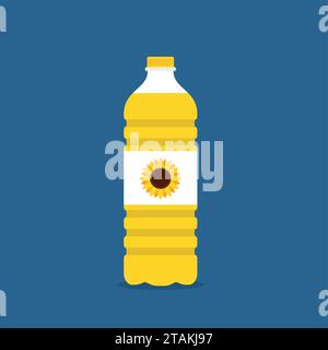 Huile végétale dans une bouteille en plastique isolée sur fond bleu. Huile de cuisson de vecteur de dessin animé. Bouteille de graisse alimentaire. Bouteille d'huile de cuisson de style plat Illustration de Vecteur