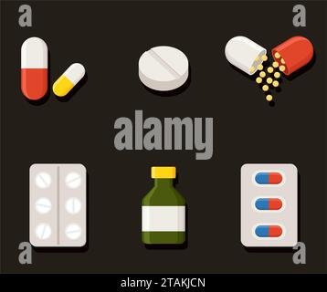 Icônes de médecine - pilules, Capsules et bouteille de prescription. Illustration vectorielle de médicaments Illustration de Vecteur