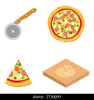 Collection de silhouette de nourriture d'icônes de vecteur de pizza. Équipement de cuisson de couteau de coupe, icône de tranche de pizza dans le style plat. Boîte à pizza isolée sur fond blanc Illustration de Vecteur