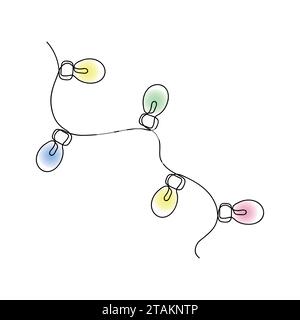Lumières de noël brillantes colorées. Guirlande de Noël avec bulbes. Dessin continu d'une ligne. Illustration vectorielle. Illustration de Vecteur