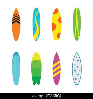 Ensemble de planches de surf avec différents designs dans un style plat isolé sur fond blanc. Collection extrême d'activité surf sport été Wave Illustration de Vecteur