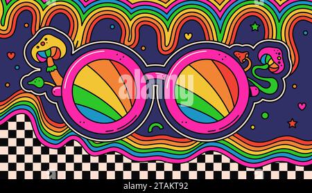 Imprimé de coloration de lunettes de champignon psychédélique groovy trippy. Illustration de Vecteur