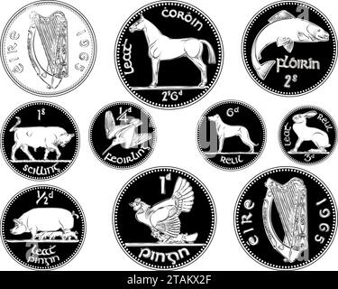 Vector Set de monnaie irlandaise pièces d'or et d'argent pré-décimales Penny. Image en noir et blanc Illustration de Vecteur
