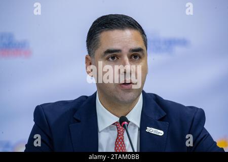 Conclusion de la 30e réunion du Conseil ministériel de l'OSCE: le nouveau président maltais, Ion Borg (en photo), la secrétaire générale de l’OSCE, Helga Maria Shmid (pas en photo) et le président Bujar Osmani (pas en photo) et ), ont tenu une conférence de presse conjointe au Centre sportif Boris Trajkovski à Skopje, Macédoine du Nord, le vendredi 1 décembre 2023. (VX photo/ Vudi Xhymshiti) Banque D'Images